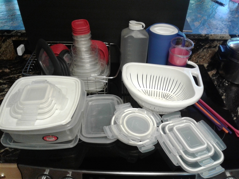 Dish drainer, plastic containers with lids, plastic pitchers *SEE DESCRIPTION FOR CORRECTION