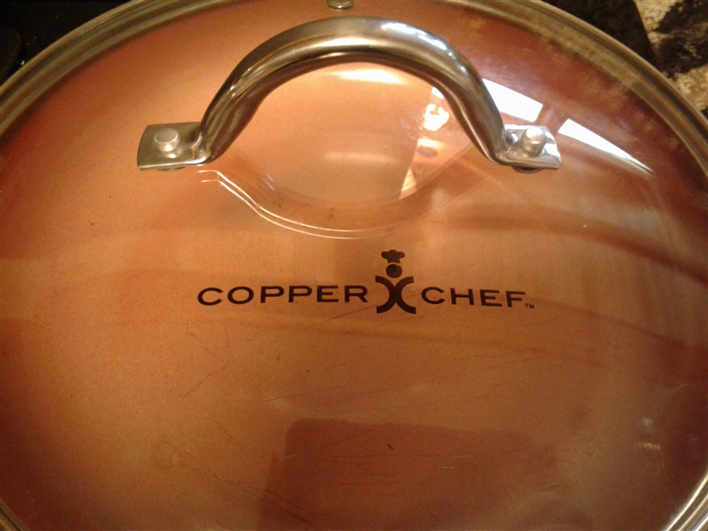 Copper Chef fry pan, double boiler pot, two sauce pans