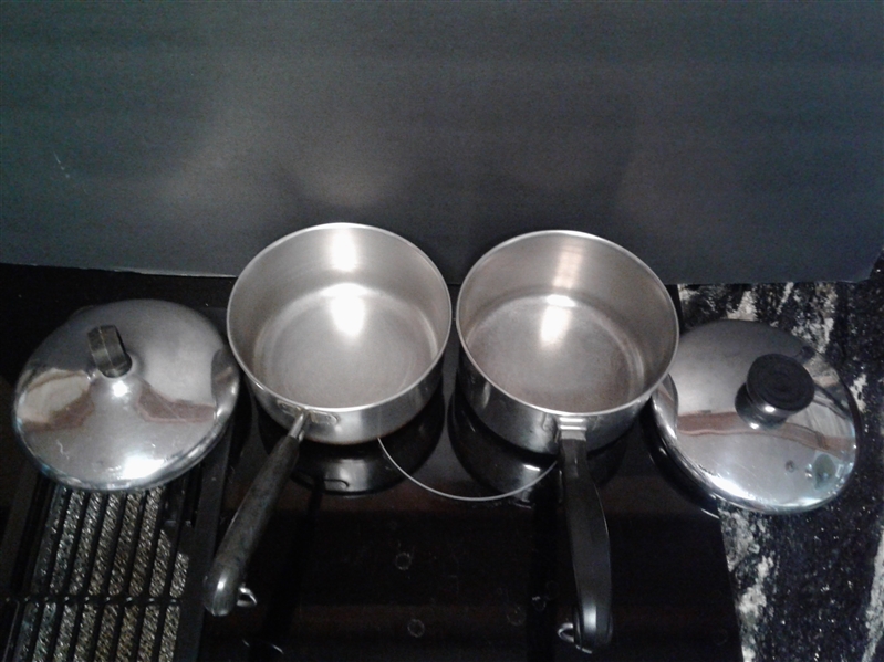 Copper Chef fry pan, double boiler pot, two sauce pans