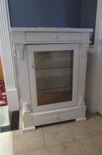 Antique Painted White Curio Cabinet with Glass Door and Shelves