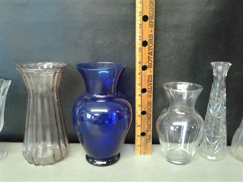 Blue, Pink, and Clear Glass Vases