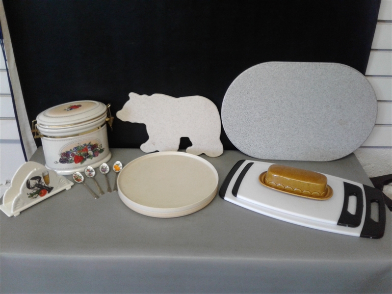 Kitchen Lot- Canister, Butter Dish, Spoons, and Cutting Boards