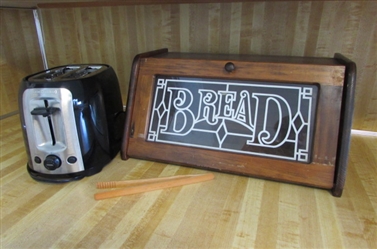 WOODEN BREAD BOX, TOASTER & TONGS