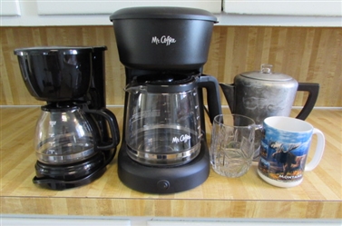 MR COFFEE 12-CUP, WALMART 5-CUP COFFEE MAKERS, 10-CUP PERCOLATOR & CUPS