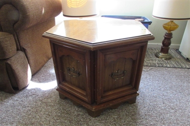 HEXAGONAL WOOD END TABLE WITH HIDDEN STORAGE *MATCHES LOTS 33 & 40