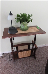 WOODEN SIDE TABLE WITH CANED ACCENTS, LIVE CACTUS & WAX WARMER LAMP