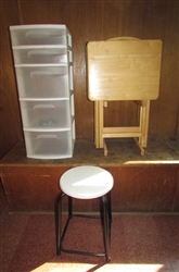 PLASTIC STORAGE/STOOL/3-WOOD TV TRAYS WITH STAND