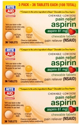 Rite Aid Low Dose 81 mg Aspirin, Chewable Tablets, Cherry Flavor, 3 Bottles, 36 Count Each