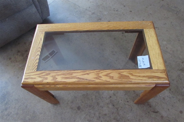 SMALL OAK SIDE TABLE WITH SMOKED GLASS INSERT #1