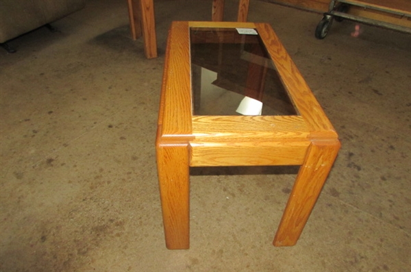 SMALL OAK SIDE TABLE WITH SMOKED GLASS INSERT #1