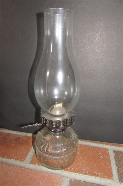 2 VINTAGE GLASS HURRICANE OIL LAMPS