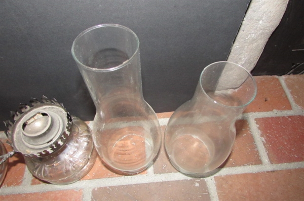 2 VINTAGE GLASS HURRICANE OIL LAMPS