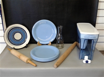 Plates, Water Dispenser, Carafe, and Rolling Pins