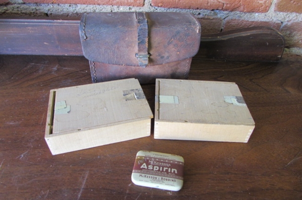 ANTIQUE LEATHER CASE, 2 WOODEN BOXES AND VINTAGE ASPIRIN TIN