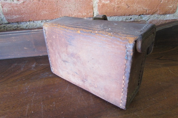 ANTIQUE LEATHER CASE, 2 WOODEN BOXES AND VINTAGE ASPIRIN TIN