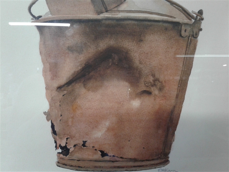Framed and Matted Rusty Bucket Watercolor Art