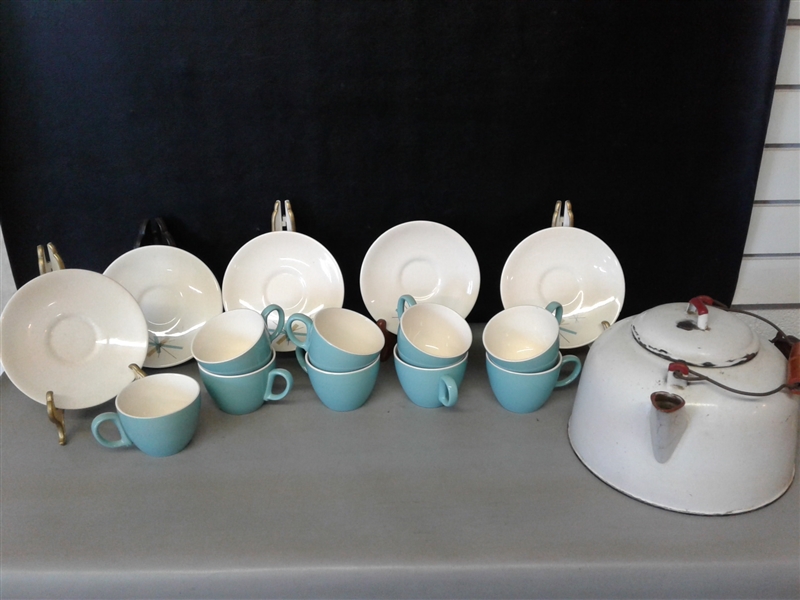 Teacups & Saucers and Enameled Teapot