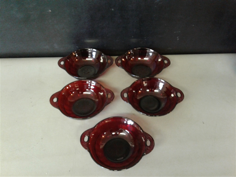 Ruby Red Glass & Carnival Glass Bowls, Vases, and Pedestal Bowl