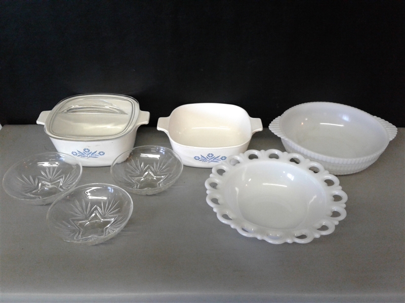 Corning Ware, Milk Glass, and Dessert Bowls