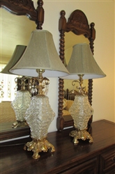 ELEGANT PAIR OF GLASS & METAL TABLE LAMPS WITH CRYSTALS