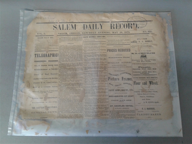 Antique Paper- Salem Daily Record 1878