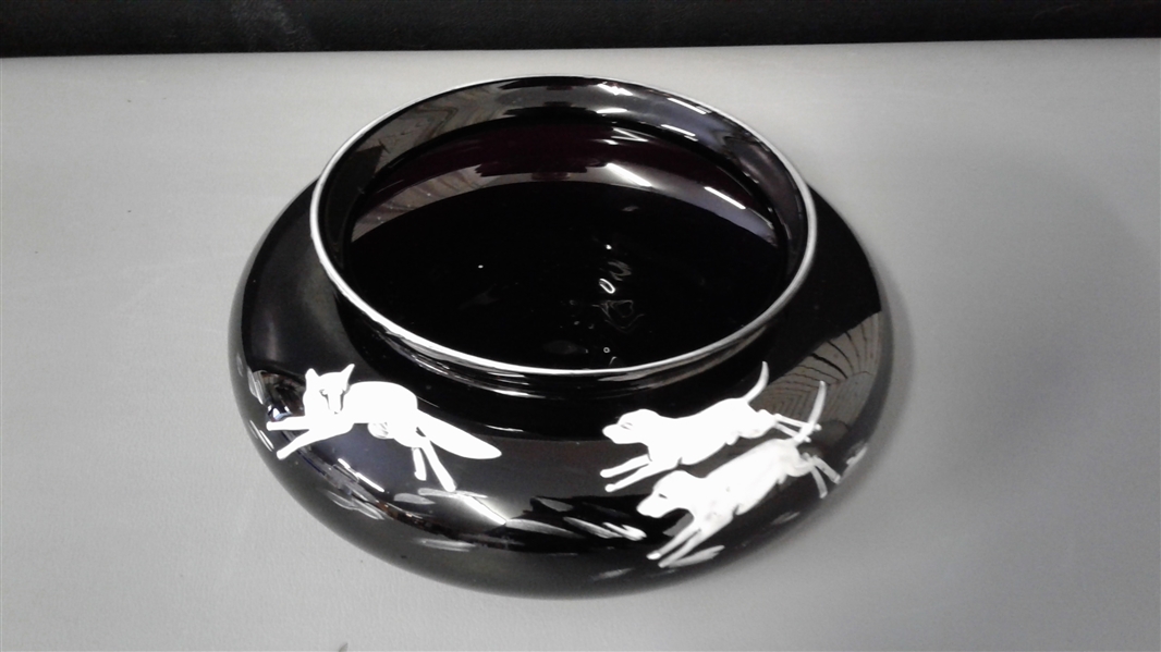 Vintage Hand Blown Hand Painted Deep Purple Candy Bowl- Fox and Hounds