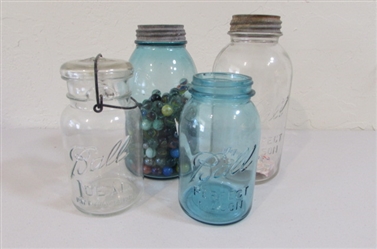 4 VINTAGE/ANTIQUE MASON JARS WITH MARBLES & MORE