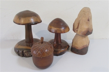 CARVED WOODEN MUSHROOMS 2 MARKED WAH 96 AND ACORN CANDLE