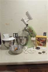 VINTAGE KITCHEN AIDE WITH FOOD GRINDER AND OTHER ATTACHMENTS
