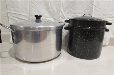 SPECKLED ENAMELWARE DOUBLE BOILER AND LARGE POT WITH LID