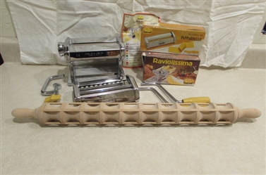 VARIOUS PASTA MAKING ACCESSORIES AND WOOD ROLLING PIN