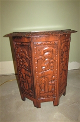 CARVED ASIAN END TABLE REMOVABLE TOP WITH HINGED PANELS
