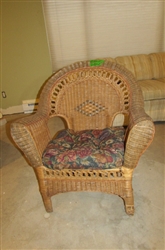 WICKER CHAIR WITH FLORAL SEAT CUSHION