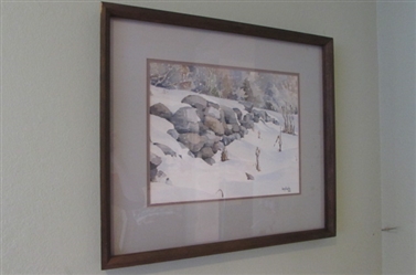 1983 SNOW SCENE IN MATTED WOOD FRAME BY VIRGIL HARTON