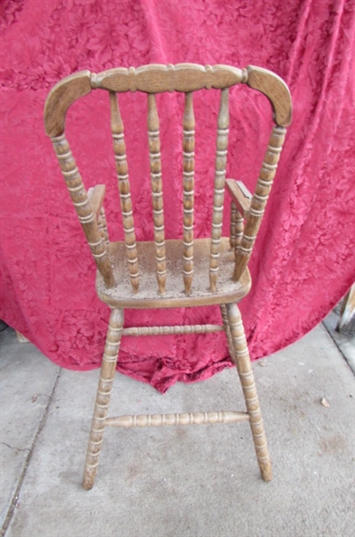 VINTAGE WOODEN DINING CHAIR AND CHILD'S HIGHCHAIR