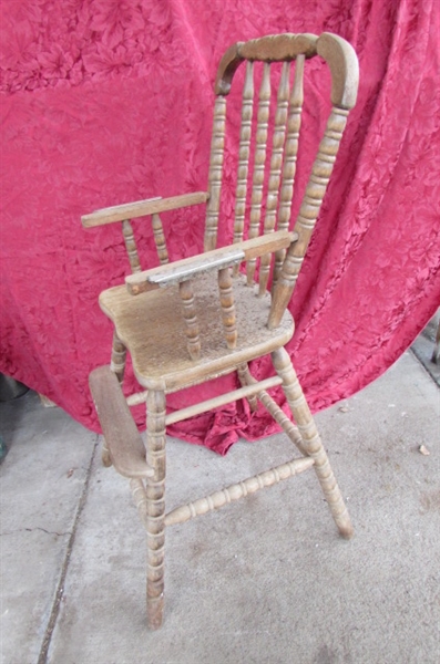 VINTAGE WOODEN DINING CHAIR AND CHILD'S HIGHCHAIR