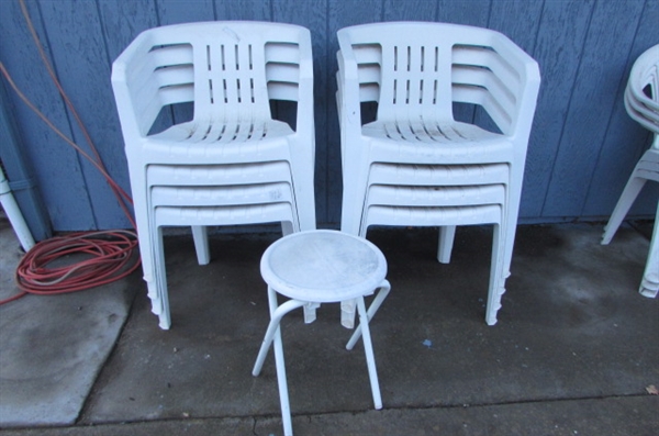OUTDOOR PLASTIC CHAIRS AND SMALL TABLE