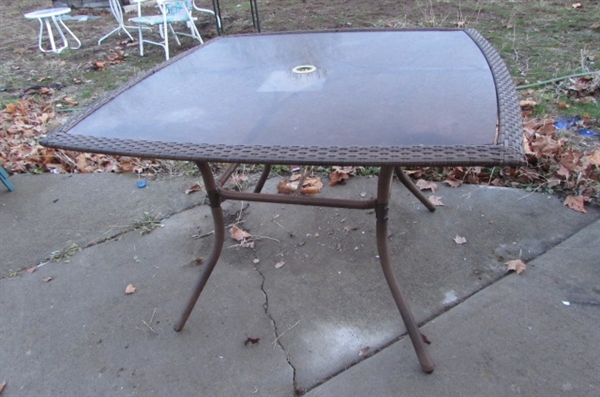 SQUARE BROWN GLASS TOP OUTDOOR TABLE