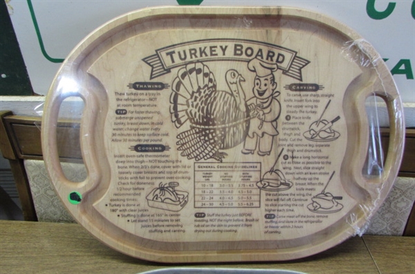 WOOD TURKEY BOARD, TIN TRAY & KITCHEN KNIVES