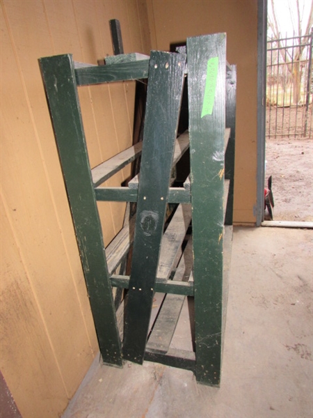 ANOTHER LARGE GREEN WOOD SHELVING UNIT