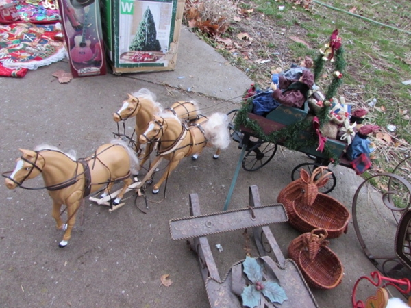 CHRISTMAS DECOR: SLEDS, SLEIGH W/HORSES & MORE