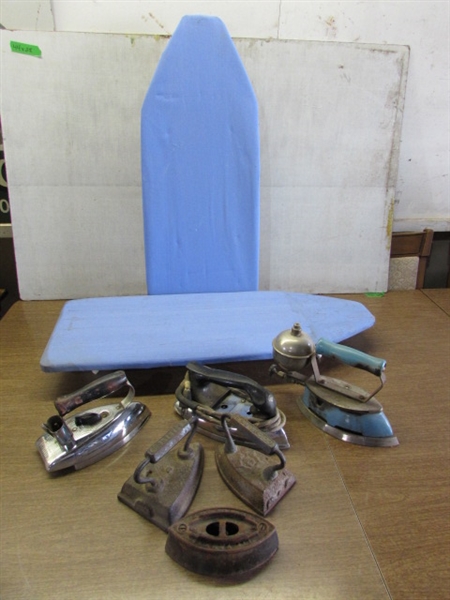 2 TABLETOP IRONING BOARDS & VINTAGE/ANTIQUE IRONS & SAD IRON
