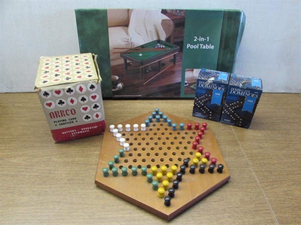 2-n-1 TABLE TOP POOL TABLE, CHINESE CHECKERS, DOMINOES & CARD SHUFFLER
