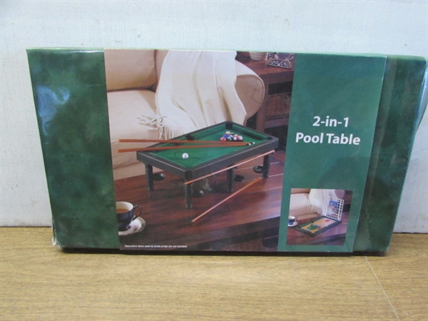 2-n-1 TABLE TOP POOL TABLE, CHINESE CHECKERS, DOMINOES & CARD SHUFFLER