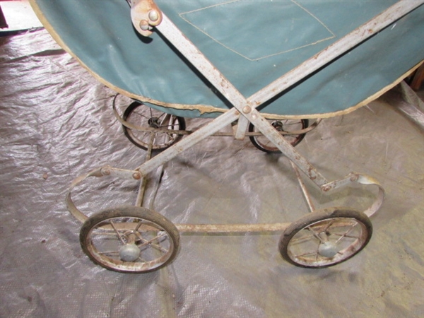 VINTAGE BABY DOLL BUGGY & WOODEN TRUCK