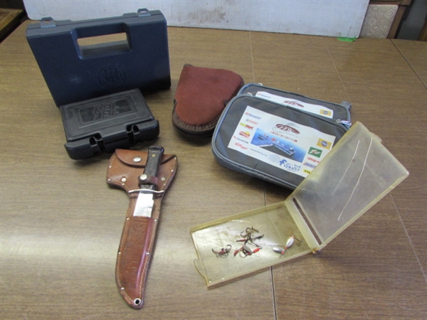 BOWIE KNIFE IN SHEATH, PISTOL CASES & FISHING LURE CASES