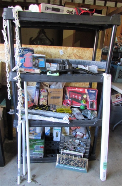 PLASTIC SHELVING WITH ASSORTED HOUSEHOLD & GARAGE ITEMS