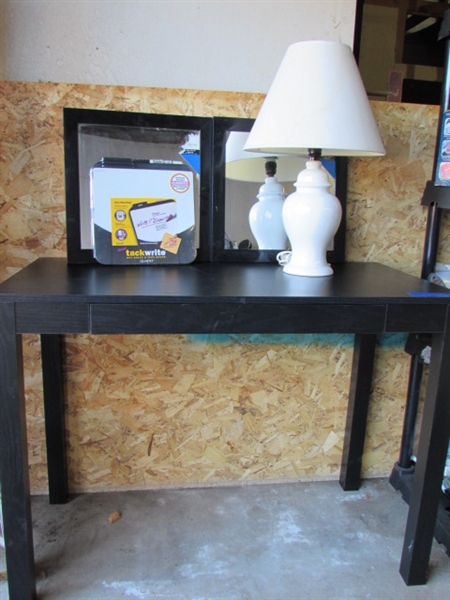 TABLE WITH DRAWER, LAMP, MIRRORS & MESSAGE BOARD