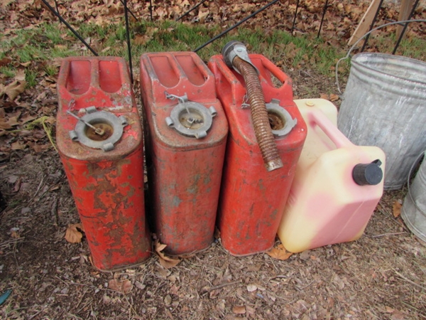 3 JEEP CANS, NOZZLE & PLASTIC GAS CAN