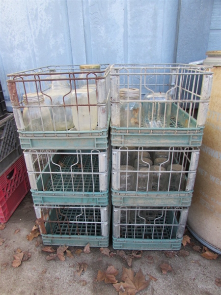 6 VINTAGE METAL/WIRE CRATES WITH OLD GLASS JARS